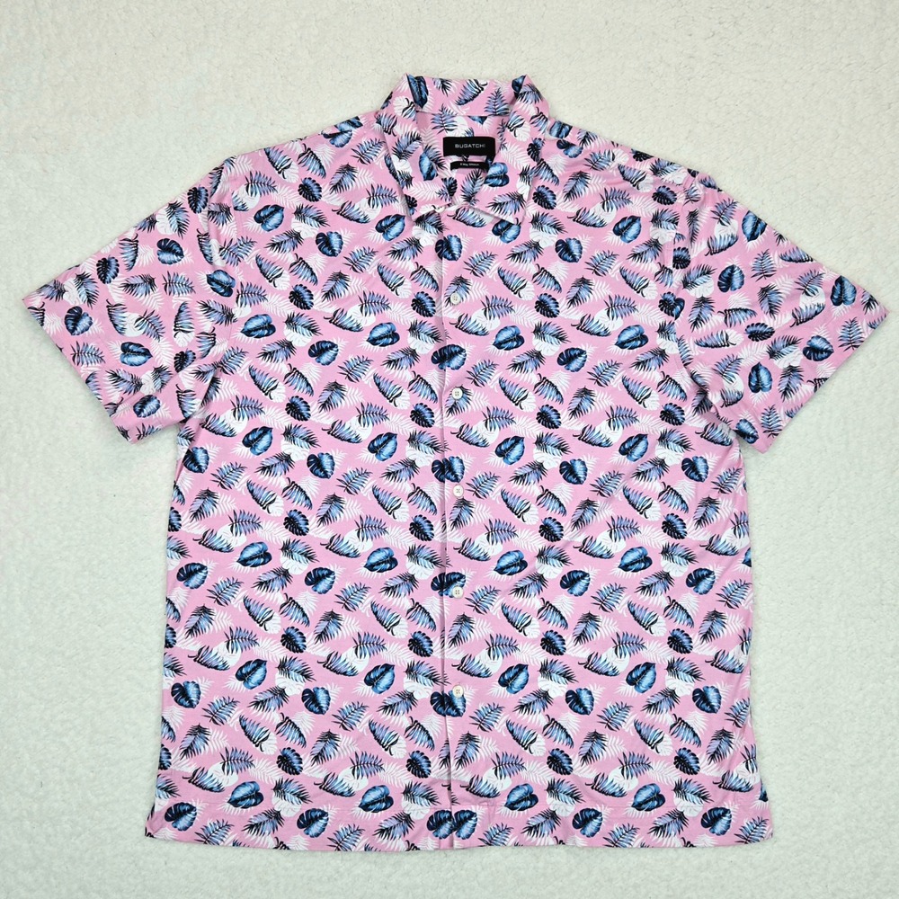Bugatchi 8-Way Stretch Pink Palm Leaf Button Down Shirt Men's XL OoohCotton‎